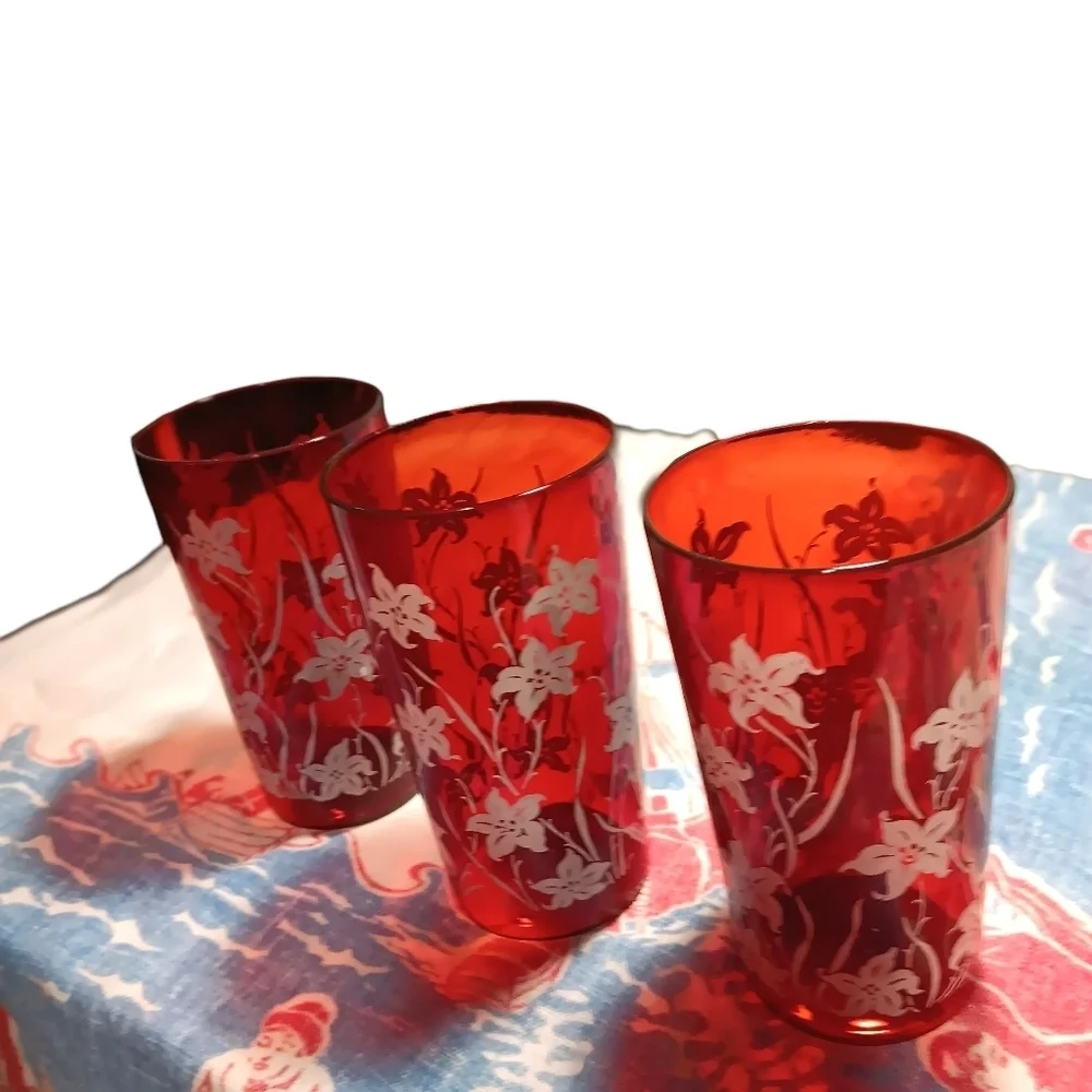 Vintage Red Glasses W Off-white Floral